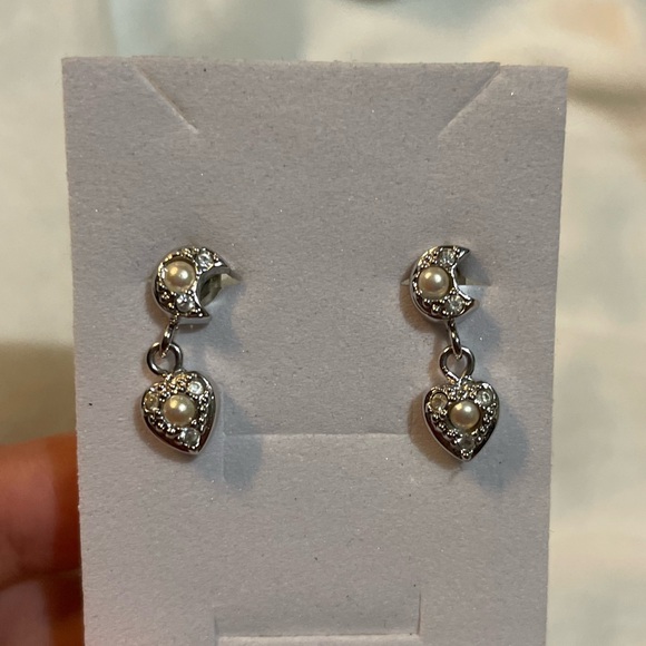 Christian Dior Silver Tone Pearl Heart Moon Swing Earrings